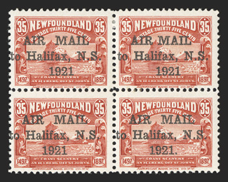 C3, b, d, j, 1921 35c Red Halifax air post, block of four, the top left stamp being the 1 under f variety, top right stamp has the 1½mm spacing, as well as being the 1 under f
variety, bottom right stamp has the period after 1921, o.g.