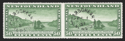 C7a, 1931 50c Green air post, horizontal pair, imperforate between, scarce used example of this perforation error, intense rich color and a deep impression on bright paper,
well centered, neat Carbonear rimless c.d.s. cancels, very fine 2006 Br