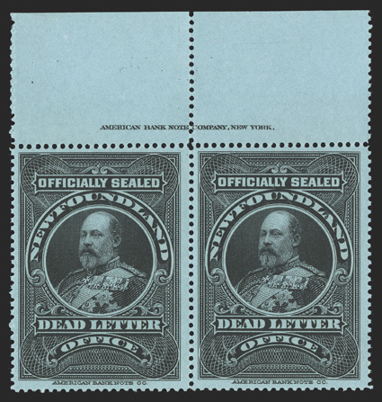 OX1, 1905 Black Post Office seal, a striking top margin imprint pair in a wonderful state of preservation, intense color and impression, pristine o.g., never hinged, very fine
and most attractive (Unitrade C$4,000.00+).