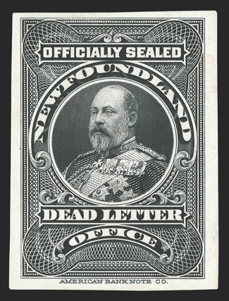 Unitrade OX1ii, 1905 Post Office seal, plate proof in black on India, similar to the above lot but on India paper, large margins, strong impression, very
fine.