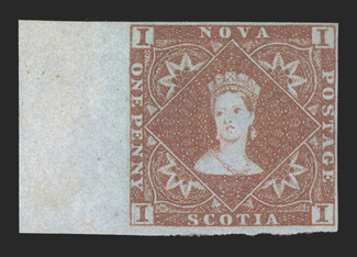 1, 1851 1p Red brown, a highly desirable left sheet-margin mint single, in a wonderful state of preservation, with rich luxuriant color and a crisp detailed impression, full
original gum, very fine premium original gum examples of this classic