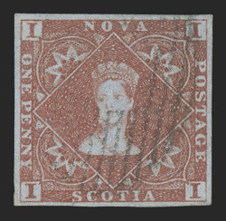 1, 1851 1p Red brown, desirable used single, large even margins all around, strong rich color and a well incised impression, light grid cancel, choice very fine 2001 Brandon
certificate (Unitrade C$800.00).
