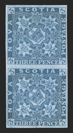 2b, 1857 3p Pale blue on blue paper, mint vertical pair, large margins on all four sides, beautiful rich color and an excellent clarity of impression, o.g., mild h.r., very
fine a very scarce multiple, especially in this select quality 2003 Br