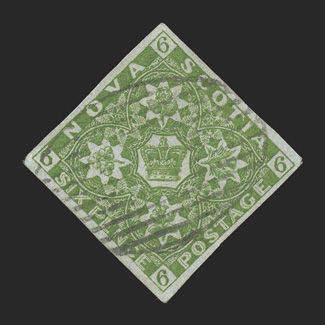 4, 1851 6p Yellow green, lovely used single, with four large margins, brilliantly rich color and an excellent impression, light oval grid cancel, very fine signed H. Bloch
(Unitrade C$1,000.00).