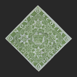 4, 1851 6p Yellow green, four large margins, bright color, uncommonly light cancel, faint trace of a crease at right, otherwise choice very fine clear 1974 BPA certificate as
S.G. 5 (Unitrade C$1,000.00).