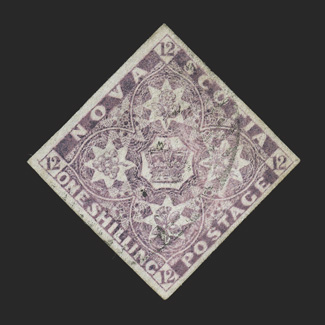 Unitrade 6i, 1851 1- Reddish purple, T.H. Saunders watermark, an exceedingly choice used example of this rare variety, showing a clear S of the watermark, four large margins,
attractive color, light grid cancel, extremely fine very few o