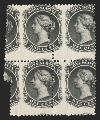 8 var., 1860 1c Black, badly misperforated due to foldover, the vertical perforations being particularly crazy, o.g., fine and most unusual.