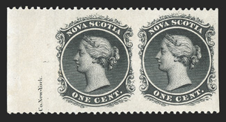 8c, 1860 1c Black, imperforate vertically, left margin horizontal pair with partial imprint in selvage, extraordinarily well centered, o.g., lightly hinged, extremely fine
(Unitrade C$400.00).