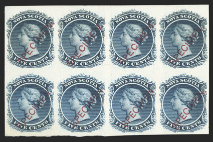 Unitrade 10Pi, 1860 5c Blue, plate proof with red Specimen, block of eight, large margins around, bright color, very fine.