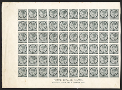 5P, 1862 2p Black reprint plate proof on thick paper, complete pane of 60 with imprint at bottom, a few minor edge flaws, otherwise very fine.