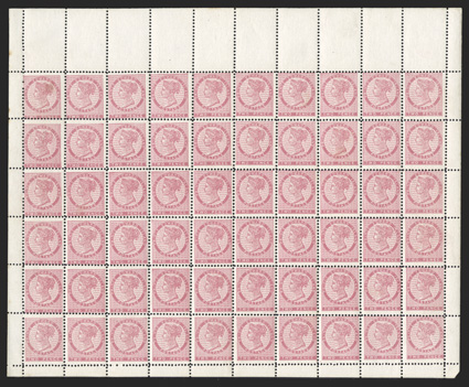5, 1862 2P Rose, complete pane of 60, with selvage on all four sides, bright color, o.g., all stamp never hinged except the first two stamps in the bottom row, fine (Unitrade
C$490.00).
