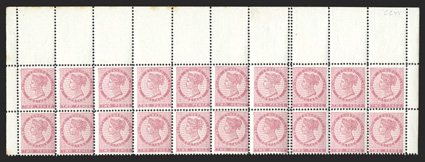Unitrade 5iii, 1862 2p Rose, vertical perforations double, top margin block of twenty, representing the top two rows, the perforations between the seventh and eighth stamps are
double, other perforations normal, marvelously fresh, o.g., n.h., fi