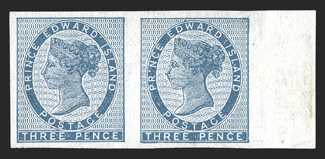 6b, 3c Blue, imperforate, with 4p Black (9) printed on reverse, right sheet-margin horizontal pair with fully inked impressions of the 4p on reverse (not just simply an
offset), very fine a most unusual error.
