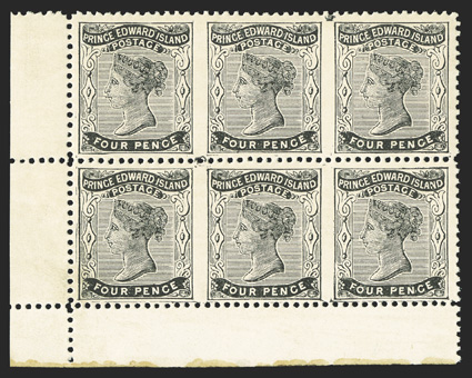 Unitrade 9vi, 1868 4p Black, strip of three, imperforate between, two such strips in a bottom left corner margin block of six, the top strip is particularly well centered,
o.g., never hinged, fine-very fine.