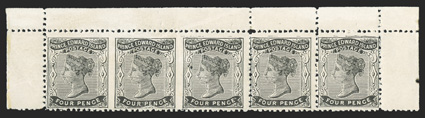 Unitrade 9vi, 1868 4p Black, strip of three, imperforate between, the top margin row of five stamps, the left three stamps being the error, o.g., minor gum crease and some gum
toning, fine and very scarce.