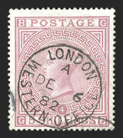 S.G. 130, 1882 5- Rose on blued paper, plate 4, used, bright fresh color, neat London c.d.s., a couple faint creases at left, otherwise a very fine example of this scarce stamp
clear 2006 Brandon certificate (Scott 90 $4,250.00).