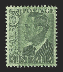 ACSC 252a, 1951 3p Green on green tinted paper, mint single, well centered, o.g., n.h., very fine a scarce variety.