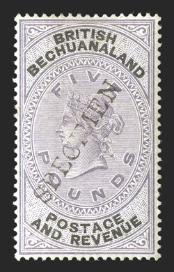 S.G. 10s-21s, 1887 1p-£5 Queen Victoria, with handstamped Specimen cplt., generally well centered and fresh, o.g., the low values have a h.r. or large hinge removed, however
the 1- and higher values have fresh gum and are lightly hinged, fine