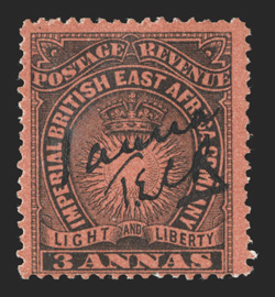 S.G. 32, 1891 1 anna Mombasa provisional surcharge on 3a Black on dull red, initialed T.E.C.R., an exceptionally fresh mint example of this British East Africa rarity, bright
color and paper, o.g, h.r., very fine overall a key stamp that is