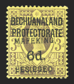S.G. 9, 1900 6p Mafeking surcharge on 3p Purple on yellow, position 3, a fresh example of this enormously rare mint stamp, wonderfully bright colors, uncharacteristically well
centered, o.g., h.r., insignificant gum bend, very fine one of the