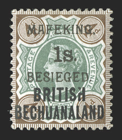 S.G. 11, 1900 1- Mafeking surcharge on 4p Green and purple brown, well centered, rich colors, o.g., faint trace of a horizontal crease, otherwise a very fine example of this
scarce stamp 1933 BPA certificate (Scott 172 $1,650.00).