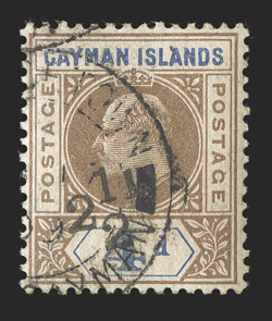 S.G. 35, 1908 2½d on 4p Brown and blue, a rare cancelled example, with the accompanying certificate noting apparently postmarked to order, out of date, rich colors, fine 1948
RPS certificate as noted (Scott 20 $3,750.00).