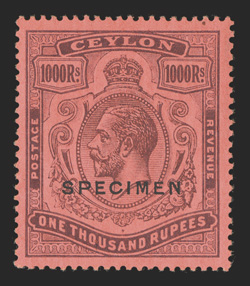 S.G. 323s, 1925 1000R Purple on red, with overprinted Specimen, a remarkably fresh mint example of this scarce Specimen, brilliantly fresh colors, o.g., never hinged, very fine
1979 BPA certificate (Scott 218S).