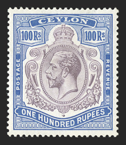 S.G. 360, 1927 100R Dull purple and blue, a gorgeous mint example of this scarce high value, possessing an outstanding overall freshness, with brilliant colors on immaculate
white paper, exceptionally well centered, o.g., lightly hinged, extreme