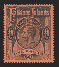 S.G. 69, 1914 £1 Black on red King George V, deep colors, o.g., never hinged, very fine (Scott 40 for hinged $525.00).