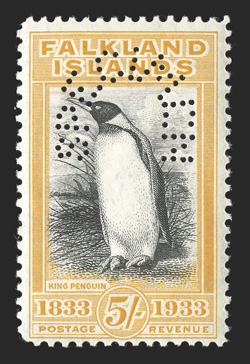 S.G. 127s-38s, 1933 ½p-£1 Centenary, with perforated Specimen cplt., a beautiful set of these scarce and popular Specimens, vibrant colors, o.g., several values are never
hinged, others are very lightly hinged, very fine.