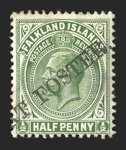 S.G. Z106, PORT FOSTER. diagonal cancel on ½p Yellow green, crisp handstamp showing complete Foster and part of Port, also a faint bit of a violet postmark, fine a rare cancel
that was only used in Port Foster during the 1912-1913 whaling