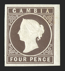 S.G. 1, 1869 4p Brown, premium mint single, with large to huge margins all around, deeply rich color and a sharp detailed impression on bright white paper, full o.g., lightly
hinged, extremely fine and choice (Scott 1a $575.00).