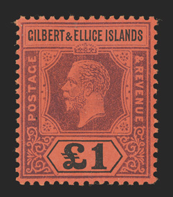 S.G. 24, 1924 £1 Purple and black on red, strong colors, o.g., faintly hinged, light owners handstamp on gum, very fine (Scott 26 $600.00).