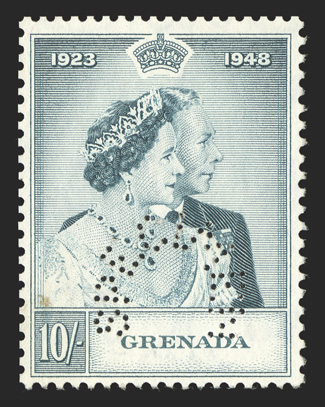 S.G. 167s, 1948 10- Silver Wedding, perforated Specimen, the unique example of this perforated specimen, from the Bradbury-Wilkinson archives, with their handstamp on reverse,
without gum, inconsequential small stain at bottom left, otherwise