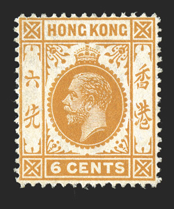 S.G. 103w, 1912 6c Yellow orange, inverted watermark, well centered, strong color, o.g., lightly hinged, very fine a choice example of this scarce variety 2005 RPS
certificate.