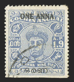 S.G. 123a, 1949 ONE ANNA surcharge in black on 1a9p Ultramarine, used, lightly cancelled, straight-edge at bottom, trivial faint crease, fine a very rare stamp, being the first
example we have ever offered in our auctions clear 2006 BPA