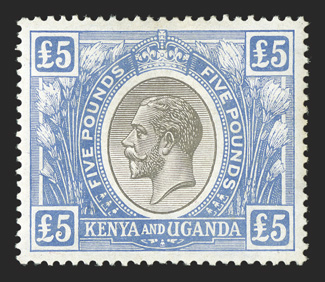 S.G. 99, 1922 £5 Black and blue, perfectly centered, exceptionally fresh color in a lovely pastel shade, bright white paper, o.g., lightly hinged, extremely fine an uncommonly
choice example 2010 PF certificate (Scott 41 $2,400.00).