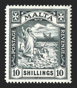 S.G. 96, 1919 10- Black, extraordinarily well centered, deep color and a superbly detailed impression on fresh paper, o.g., accompanying certificate states previously hinged,
though we see no evidence of hinging at all, extremely fine an out