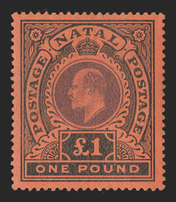 S.G. 171, 1908 £1 Purple and black on red, exceptionally well centered, vibrant colors, o.g., lightly hinged, extremely fine 1992 PF certificate (Scott 116
$350.00).