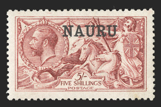 S.G. 17, 1916 5- Carmine rose, Waterlow printing, well centered, attractive color, o.g., lightly hinged, a very fine example of this scarce stamp 1984 BPA certificate (Scott
14b $3,000.00).