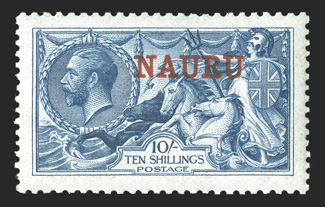 S.G. 23d, 1916 10- Deep bright blue, De La Rue printing, well centered, lovely rich color and a strong detailed impression, o.g., lightly hinged, very fine (Scott 15e
$575.00).