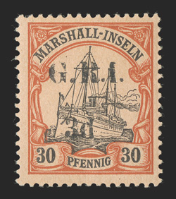 S.G. 55e, 1914 G.R.I.3d Surcharge on 30pf Black and orange, no stop after d, position 5 in the second setting, deep colors, o.g., lightly hinged, very fine a scarce variety
2009 Robert Gibbs certificate (Scott 35a $750.00).