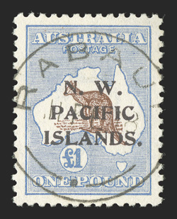 S.G. 118, 1922 £1 Bistre brown and grey blue, Die II, a highly select used example, being incredibly well centered and margined, lovely fresh color on pristine white paper,
light Rabaul c.d.s., extremely fine a scarce stamp, with used examples