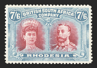 S.G. 160b, 1910 76 Carmine and pale blue, perfectly centered, bright fresh colors, o.g., lightly hinged, extremely fine (Scott 116 $700.00).