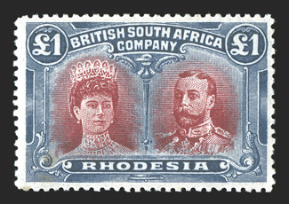 S.G. 166a, £1 Crimson and slate black, deep vibrant colors, o.g., lightly hinged, faintly toned perf. tip at bottom left, otherwise very fine clear 2008 Robert Gibbs
certificate (Scott 118 $1,250.00).