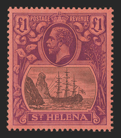 S.G. 96, 1922 £1 Grey and purple on red, pristine mint single, with gorgeous bright colors, well centered, o.g., never hinged, very fine (Scott 99 for hinged
$475.00).