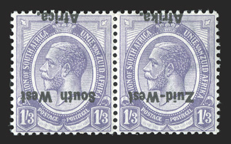 S.G. 8a, 1923 16p Pale violet, Setting I, overprint inverted, bilingual pair, well centered, strong color on fresh paper, o.g., lightly hinged, very fine a scarce error (Scott
8b $375.00).