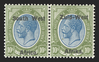 S.G. 11a, 1923 10- Blue and olive green, setting I, bilingual pair, deep intense colors and vivid impressions, o.g., lightly hinged, crisp and intact, very fine a highly
desirable example of this scarce bilingual pair 1991 RPS certificate (Sc