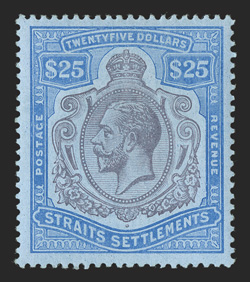 S.G. 213, 1912 $25.00 Purple and blue on blue, well centered, lovely bright colors, o.g., lightly hinged, a very fine example of this popular stamp 2007 BPA certificate (Scott
172 $1,600.00).