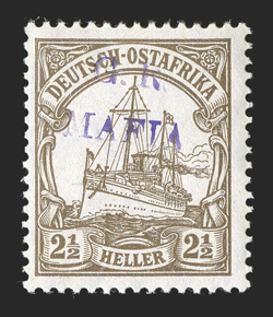 S.G. M1C, 1915 G.R..MAFIA handstamp in red violet on 2½h Brown, quite fresh, o.g., never hinged, very fine an elusive stamp signed Pemberton and accompanied by a 1997 Brandon
certificate (Scott NL25 $300.00 for hinged).